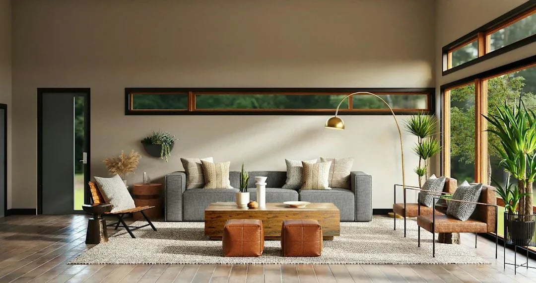 A contemporary living room with natural materials, large windows and warm lighting