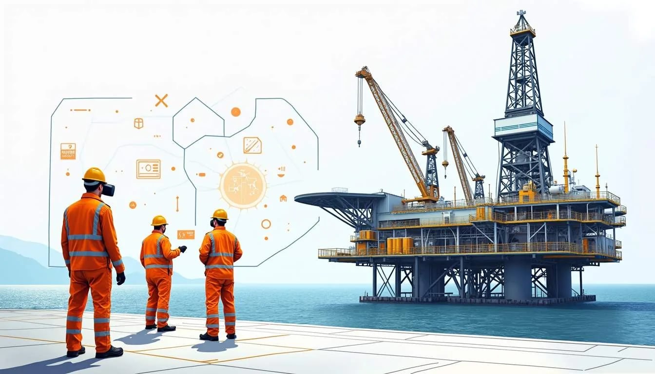 An illustration of workers using immersive technology beside an offshore oil platform