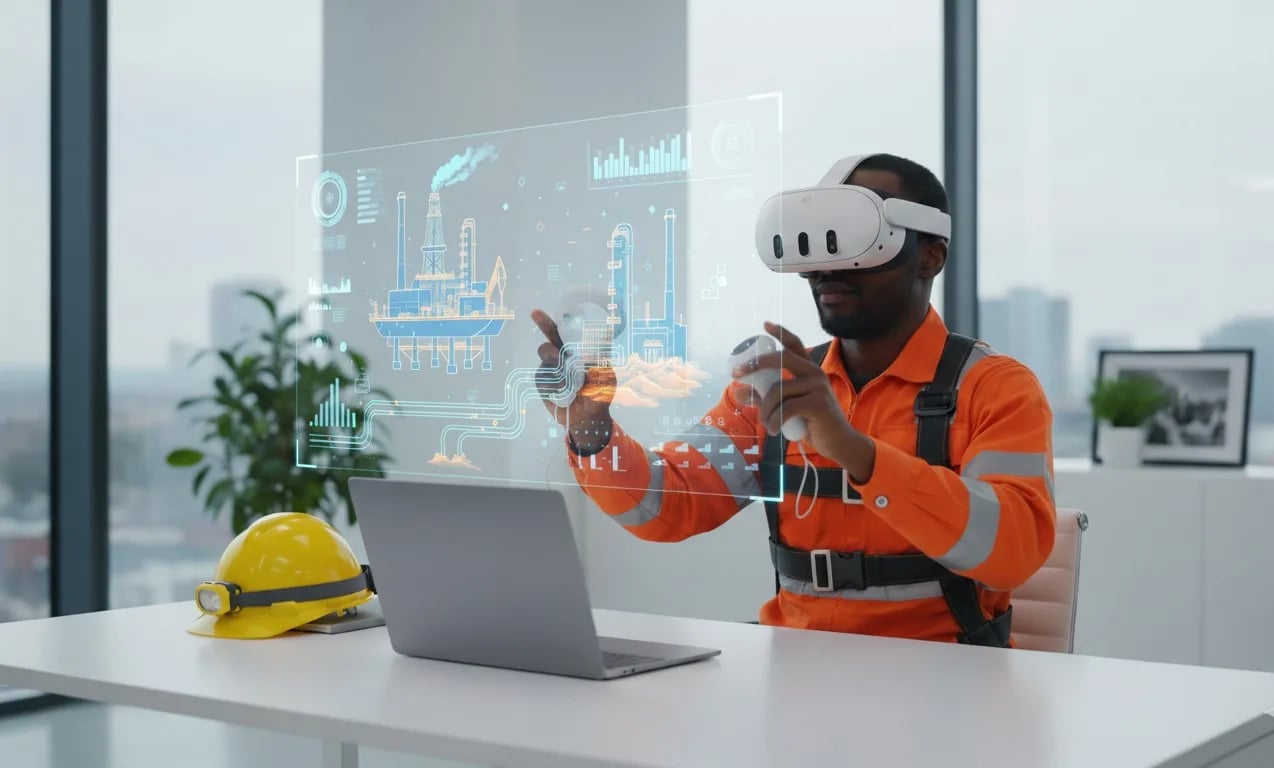 An illustration of a worker in safety clothing exploring digital information through a VR headset