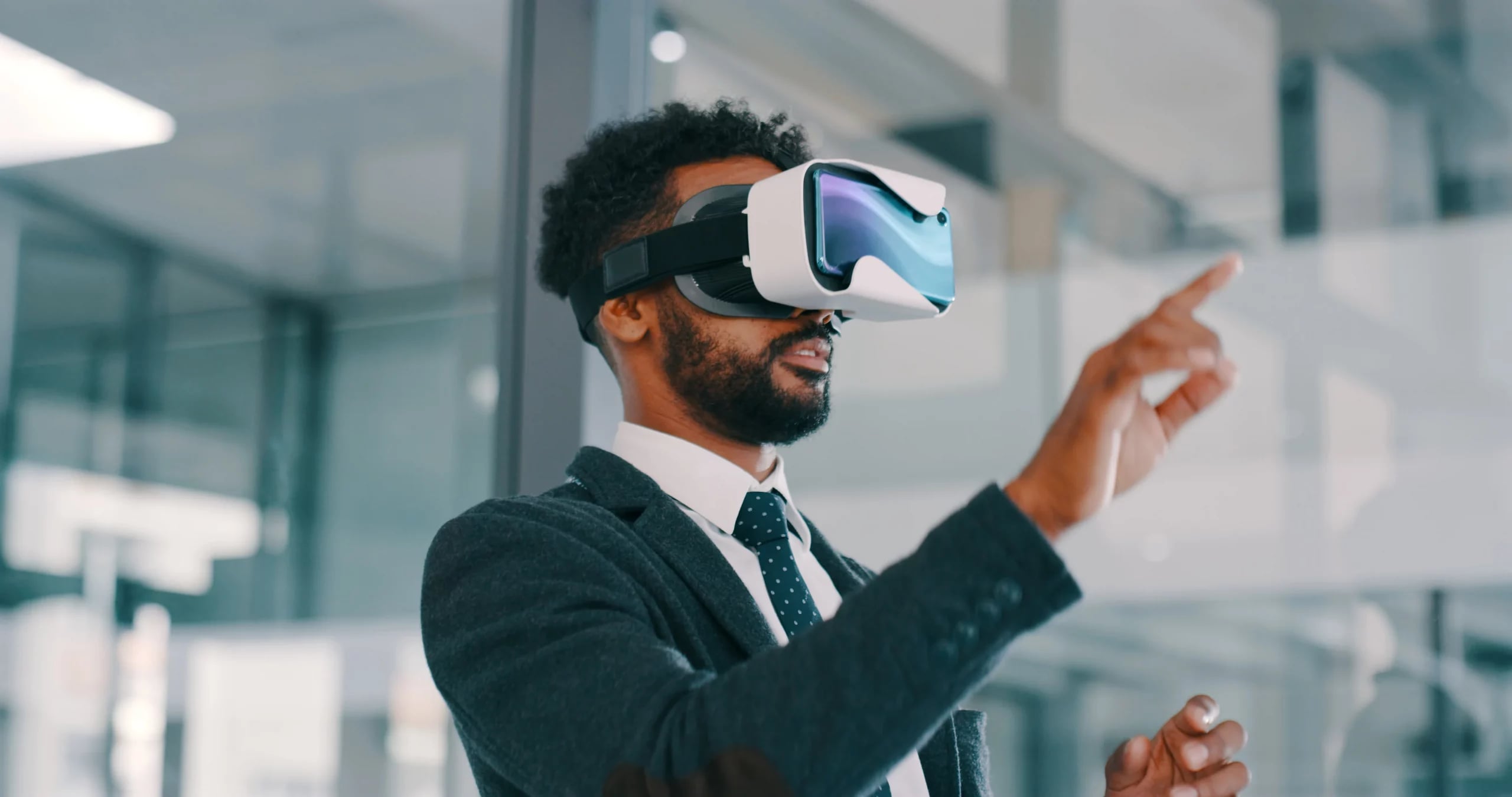 A business professional exploring virtual reality with a headset