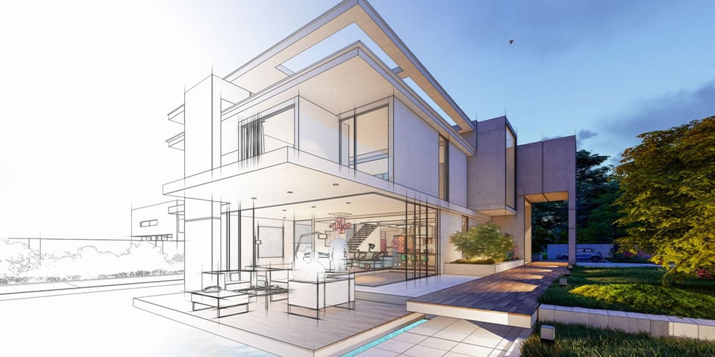 An architectural drawing transitioning into a rendered home exterior