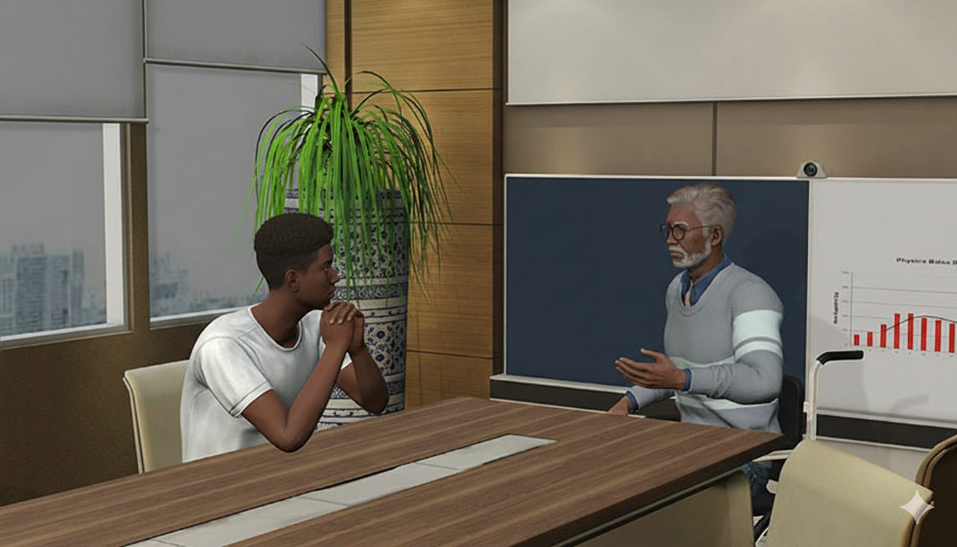 VR training in Nigeria simulation showing a trainee interacting with a virtual instructor in an immersive learning environment